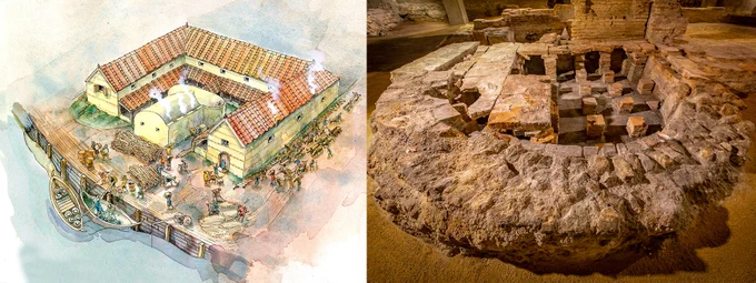 Two images. 
Image 1: A drawing of the house in Roman times. Image 2: Stone remains of a Billingsgate Roman House and Baths