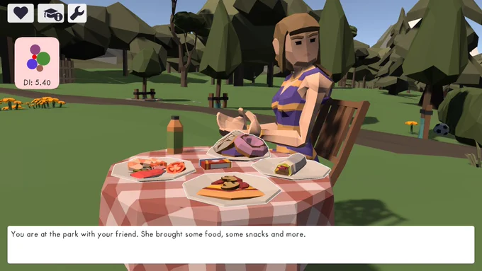 Screenshot of the game, showing a woman sitting at a table with food on it in the park.
