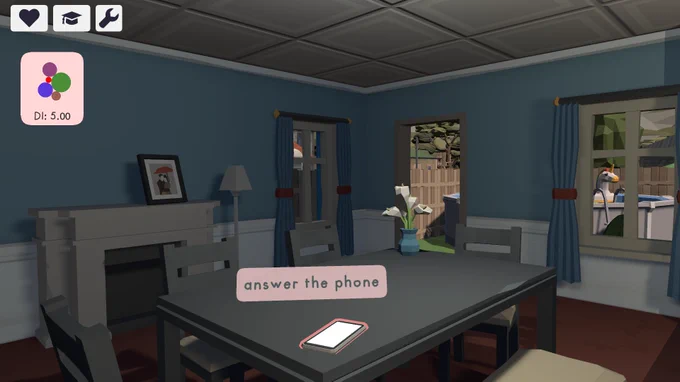 Screenshot of the game, showing the room of an appartment with a table in the middle. There's a phone on the table, highlighted and with a tooltip saying "answer the phone".