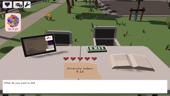 Screenshot of the game, showing the ending screen of the game. A tablet, book, and exit sign are lying on a table outside. There's also a number of hearts showing the diversity index you reached while playing.