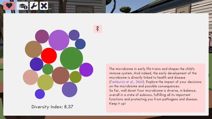 Screenshot of the game, showing a number of colored circles representing the microbiome.