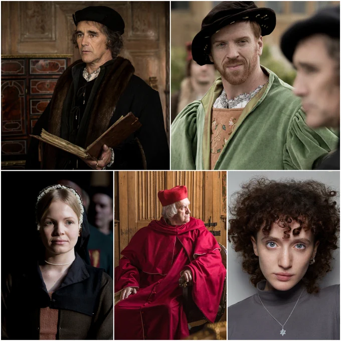 A collage of images of Mark Rylance, Damian Lewis, Kate Phillips and Jonathan Pryce in Wolf Hall series one. The collage also includes a headshot of Lilit Lesser, credited to Asia Werbel.