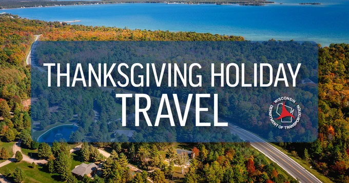 aerial view of rural road and lake with text: Thanksgiving holiday travel