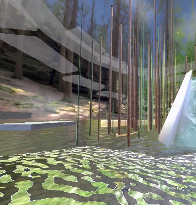 In a 3D virtual space, columns rise from the middle of a calm pool, and spectral white platforms form a spiral staircase around the perimeter. A forest and the sky are visible in the background.

View of Indira Allegra’s "Texere," 2023