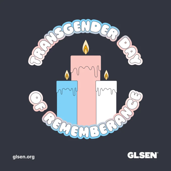 Three illustrated candles with the text “Transgender Day of Remembrance” in trans flag colors gradient (blue, pink, white) wrap in a circle around it. 