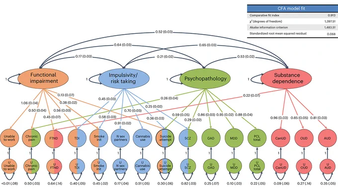 This is figure 4, which shows the use of genomic structural equation modeling to cluster 14 traits correlated with cannabis use disorder.