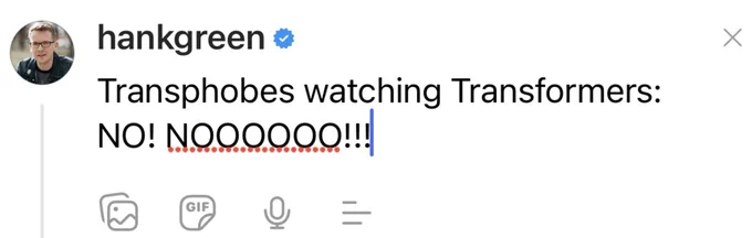 It's a Threads post that says "Transphobes watching Transformers: NO! NOOOOOO!"