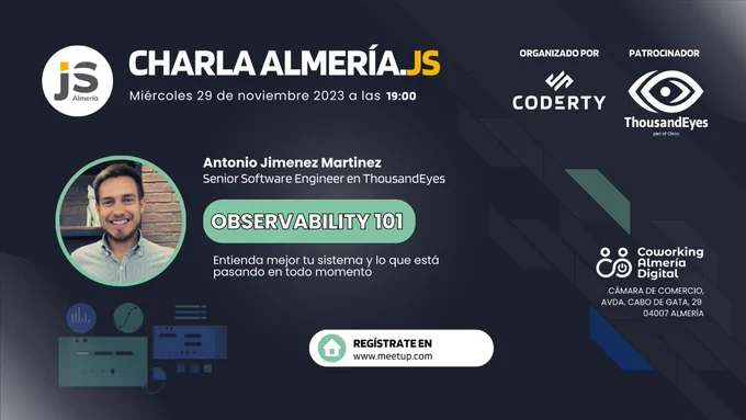 ¡¡It's tiiiime!! Vuelve @AlmeriaJs, el evento más esperado del año después de la Navidad.

🎙️ @ajimenez1503 nos hablará de 𝗢𝗯𝘀𝗲𝗿𝘃𝗮𝗯𝗶𝗹𝗶𝗱𝗮𝗱 𝟭𝟬𝟭.
🗓️ miércoles 29/11/2023 a las 19.00
🔗 https://bit.ly/40NPtfx

🙏 @CamaraAlmeria, y a @thousandeyes por su patrocinio!