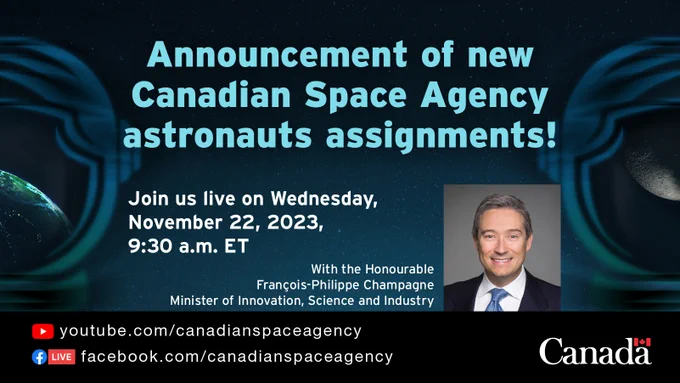 Infographic with the text « Announcement of new Canadian Space Agency astronauts assignments » with a picture of Minister François-Philippe Champagne