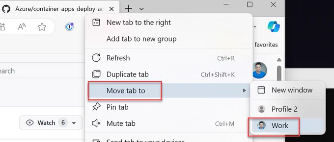 Screenshot of the 'Move tab to' functionality when right-clicking on a tab in Microsoft Edge