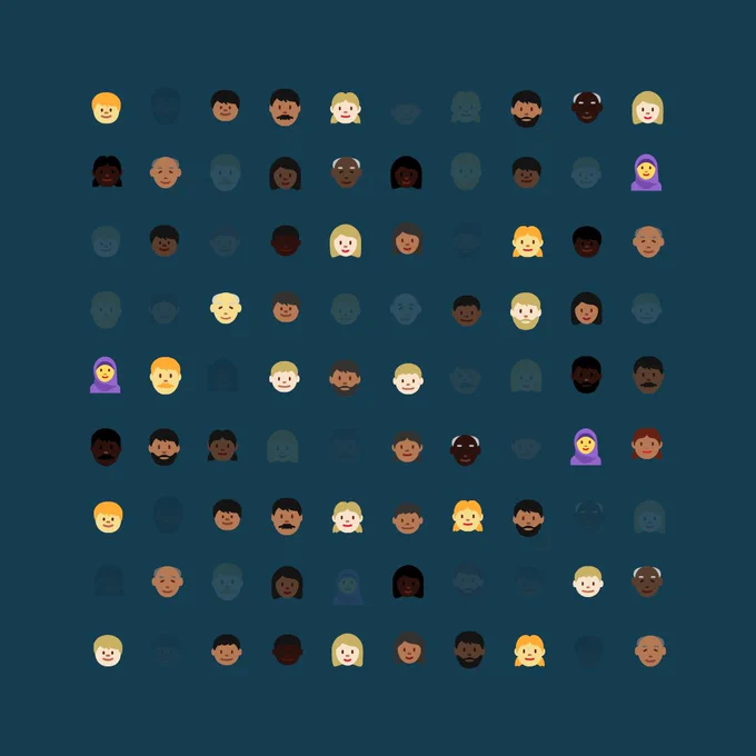 Graphic of 90 diverse faces. 30 faces are blurred out showing that 1 in 3 people are disconnected from the Internet.