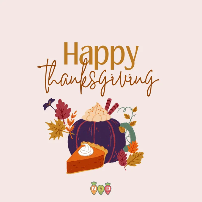 An image that states Happy Thanksgiving with a pumpkin and slice of pumpkin pie and whip cream. 