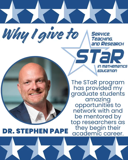 Image of Dr Stephen Pape with a quote of why he gives to STaR: The Star program has provided my graduate students amazing opportunities to network with and be mentored by top researchers as they begin their academic career