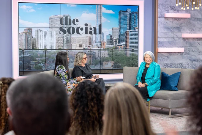 Governor General Mary Simon talks to reporters on a talk show set.