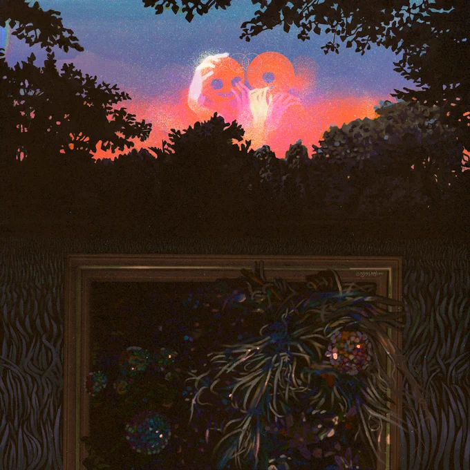 a view of a field at sundown, with trees covering the glowing orange horizon. Around the glow are two hazy figures embracing. In the foreground is a box, crammed with a tangle of foliage; grasses and flowers.