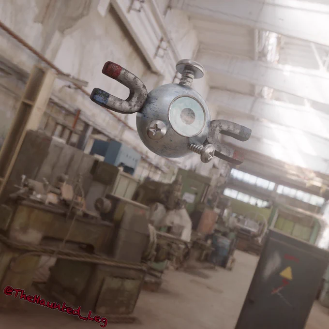 The magnet based Pokémon Magnemite floats in above an abandoned factory floor.