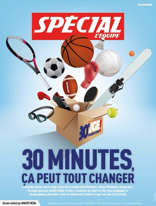 Cahier spécial l'Equipe consacré à la Grande Cause Nationale 2024, avec comme titre "30 minutes, ça peut tout changer."