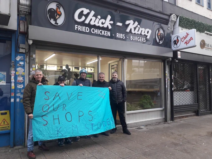 Save Our Shops banner outside Chick King on the High Road.
