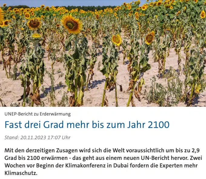 Screenshot eines Tagesschau Artikels zum UNEP-Bericht zu Erderwärmung mit dem Titel „Fast drei Grad mehr bis zum Jahr 2100“. Demnach wird die Welt lt. UN Bericzt voraussichtlich um bis zu 2.9 grad bis 2100 erwärmen