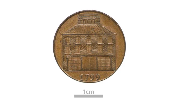 Trade token, copper, Dublin. Front elevation of a house; below, 1799. Reverse: inscription around and across field, PAYABLE AT THE PANTHEON PHUSITECHNIKON. HC:1909.1584 © National Museum of Ireland