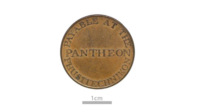 Trade token, copper, Dublin. Front elevation of a house; below, 1799. Reverse: inscription around and across field, PAYABLE AT THE PANTHEON PHUSITECHNIKON. HC:1909.1584 © National Museum of Ireland