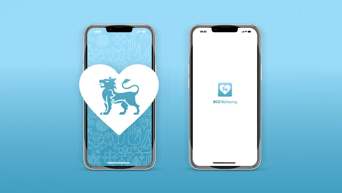 Image of two phone screens, both showing the BCU Wellbeing app on them.