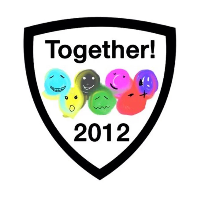 The Together! 2012 CIC logo, showing a shield with a black border with the text Together! 2012 surrounding seven multi-coloured cartoon faces.

