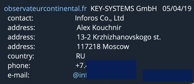 Whois d'un des sites liés à la campagne de désinformation, montrant Inforos et Alex Kouchnir, basés à Moscow 