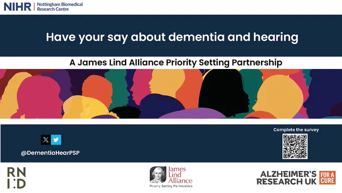 There is an image of a range of annimated people's faces that are multicoloured. Writing on the image is "Have your say about dementia and hearing". "A James Linda Alliance Priority Setting Partnership". There is a link to the priority-setting partnership X handle which is @dementiahearPSP. On the bottom right-hand side, there is a QR code that can be scanned to take you to the priority-setting partnership survey. 