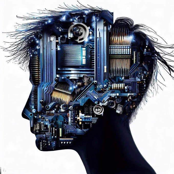 A human head in silhouette. Inside it is filled with computer parts. Iamge generated by AI (DALL-E)