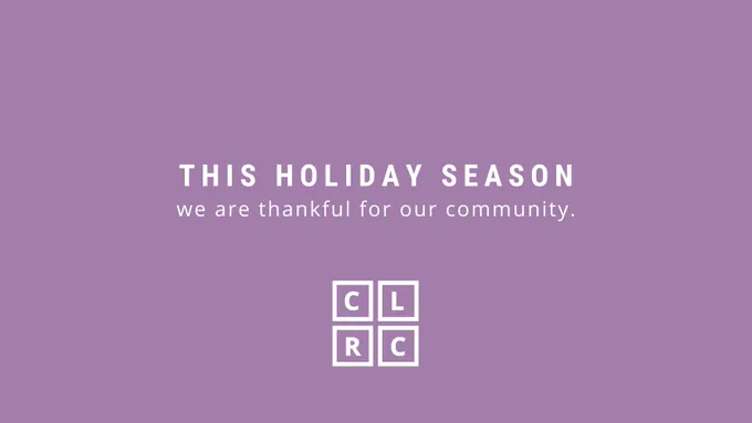  This holiday season, we are grateful for our community. (White font on lavender purple background)