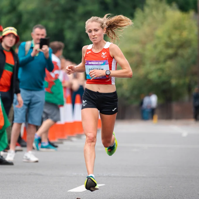 Natasha Cockram competing in the marathon at the Birmingham Commonwealth Games.