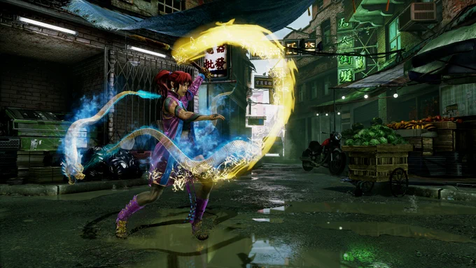 Kim Wu, a woman with red hair wearing a purple and blue cheongsam, wields her nunchaku with her celestial spirit dragon Yeouiju floating around her.