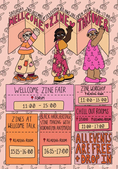 Brightly coloured hand drawn illustrated poster by artist Boe. At the top of the poster are 3 people in colourful clothing (the whole poster uses a pink, peach, orange and beige palette) walking towards the right side of the page and holding up a huge concertina/folded piece of paper above their heads. The paper reads: Wellcome Zine Takeover. Underneath the people are 6 colourful boxes with information about the Zine Takeover day with titles for each event, times, locations and a notice about all events being free   drop in. The Zine Takeover is a full day of zine activity, from a zine fair to a zine making workshop and 2 talks about zines. There will also be chill out rooms available. The main body of the tweet contains a link to full event information on an accessible webpage.