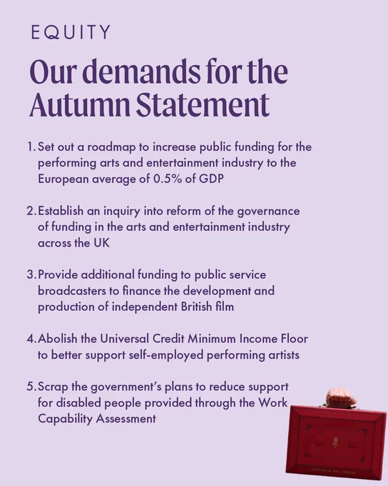 Image reads:
EQUITY - Our demands for the autumn statement. 
 
1.Set out a roadmap to increase public funding for the performing arts and entertainment industry to the European average of 0.5% of GDP
 
2.Establish an inquiry into reform of the governance 
of funding in the arts and entertainment industry 
across the UK
 
3.Provide additional funding to public service broadcasters to finance the development and production of independent British film
 
4.Abolish the Universal Credit Minimum Income Floor 
to better support self-employed performing artists
 
5.Scrap the government’s plans to reduce support for disabled people provided through the Work Capability Assessment