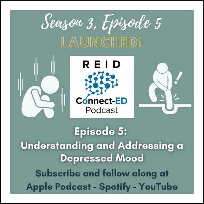 Season 3, Episode 5 Launched! Reid Connected Podcast Logo, Image of a figure curled up and one with their foot stuck
Episode 5: Understanding and Addressing Depressed Mood. Subscribe and follow along at Apple Podcast-Spotify- YouTube
