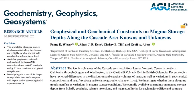 Screenshot of G3 cover page. Geophysical and Geochemical Constraints on Magma Storage 
Depths Along the Cascade Arc: Knowns and Unknowns. Penny E. Wieser1,2 , Adam J. R. Kent2
, Christy B. Till3
, and Geoff A. Abers4