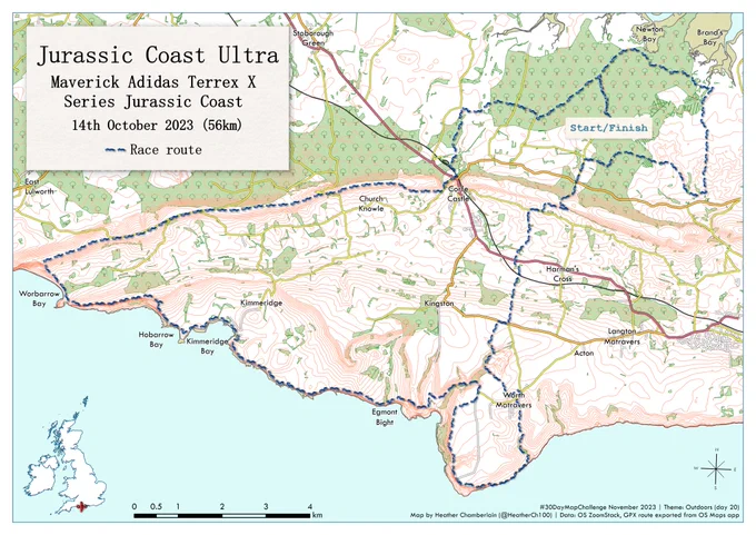 A map of the Jurassic coast in the south of England. The map is styled similar to an OS 1:25,000 map, showing contours, roads, areas of forest and water. The route of an ultra race is overlaid with a stitch effect in blue 'thread'.