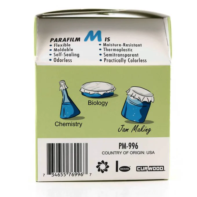 A close up of a box of Parafilm, showing the drawings of a flask, a dish, anda beaker seal with Parafilm. The flask is labelled Chemistry, the dish Biology, and the beaker Jam Making. Jam Making is written in a different hand-written style font