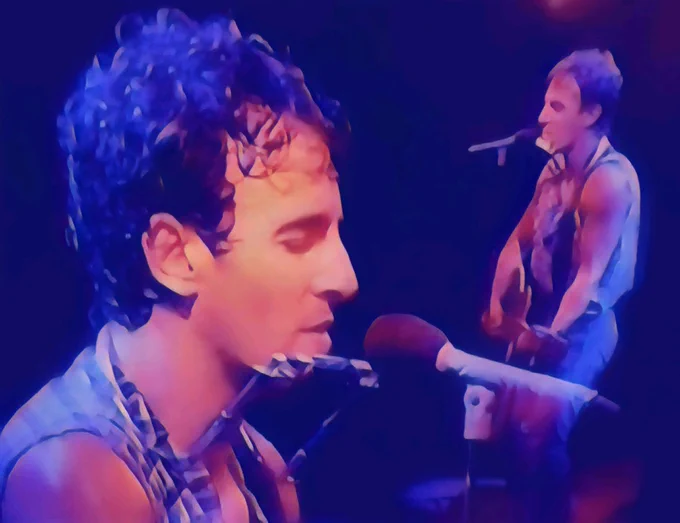 Bruce Springsteen, No Surrender, Los Angeles 1985. Blue chequed shirt, jeans, acoustic guitar and harmonica. 