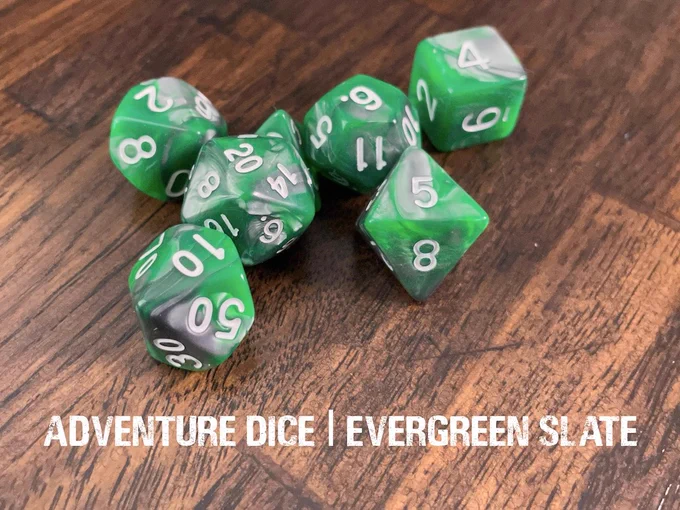 Evergreen Slate dice set are a swirl of pearl green and silver, with white numbering.