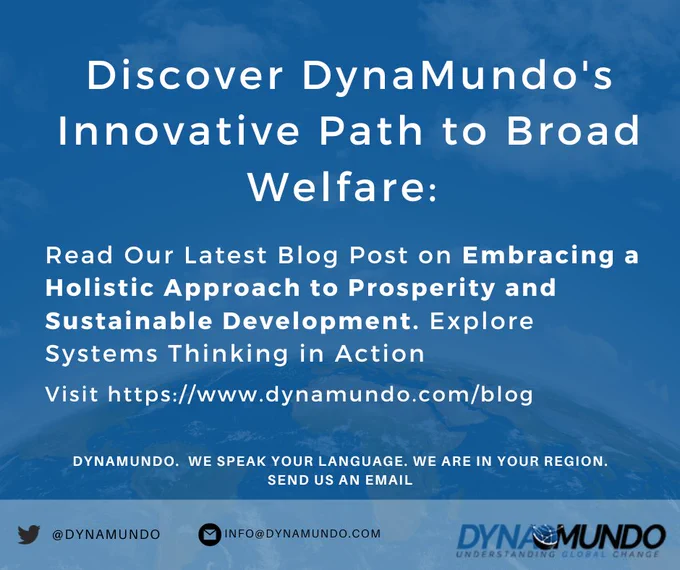 A promotional image with a blue sky and clouds background featuring text that reads: 'Discover DynaMundo's Innovative Path to Broad Welfare: Read Our Latest Blog Post on Embracing a Holistic Approach to Prosperity and Sustainable Development. Explore Systems Thinking in Action. Visit https://www.dynamundo.com/blog.' Below the main text, there's a tagline that states 'DynaMundo. We speak your language. We are in your region. Send us an email.' Contact information is provided with a Twitter handle '@DynaMundo' and an email 'info@dynamundo.com.' The DynaMundo logo is visible at the bottom right corner.