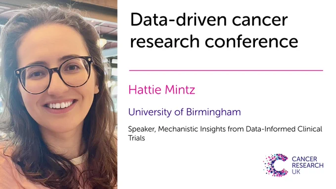 Photo of Hattie Mintz and text reads: Data-driven cancer research conference, Hattie Mintz, University of Birmingham, Speaker, Mechanistic Insights from Data-Informed Clinical Trials

Also includes logo of Cancer Research UK