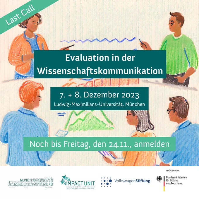 last call: Evaluation in der Wissenschaftskommunikation. 7.   8. Dezember 2023 Ludwig-Maximilians-Universität, München Noch bis Freitag, den 24.11., anmelden. Logos Munich Science Communucation Lab, Impact Unit, VolkswagenStiftung, Bundesministerium für Bildung und Forschung. Foto: KI-Generiert mit Canva, Prompt: "several people discussing metrics and graphs, pencil"