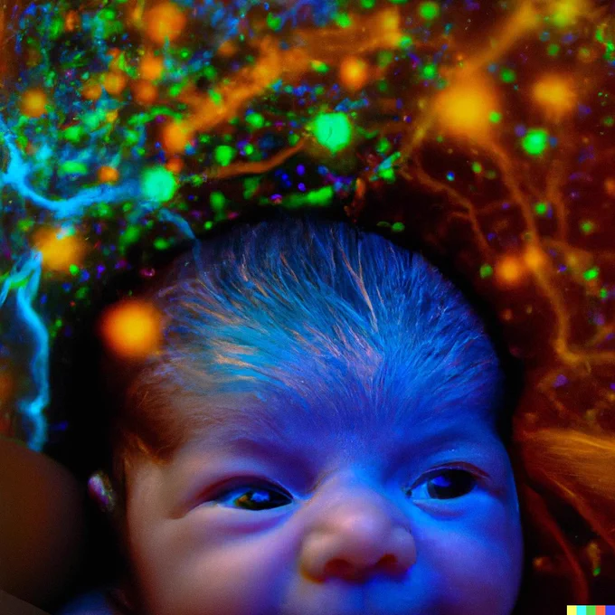 A baby surrounded by glowing neuron-shaped objects. Image credit: Dall-E