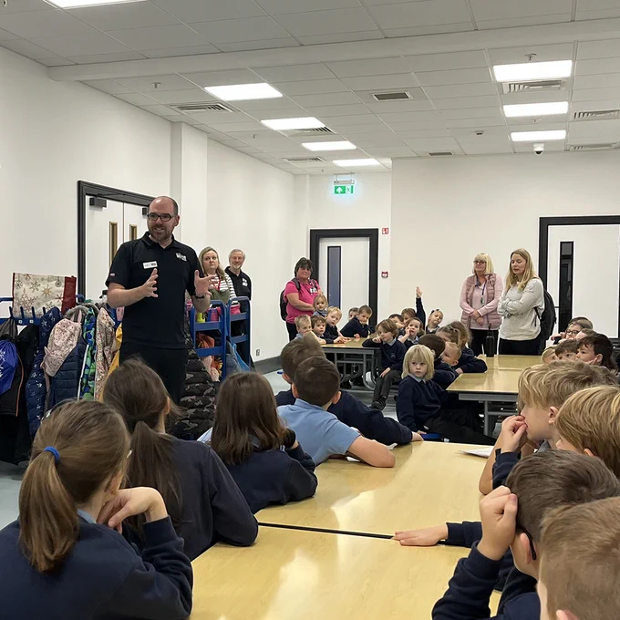 Staff from the Learning and Engagement Team speaking in front of pupils from Mickleton Primary School in The Learning Hub.