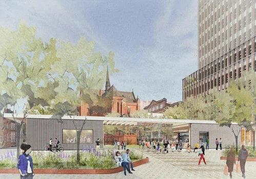 Barts Whitechapel Road pavilion watercolour view from Allies & Morrison for Barts Life Sciences / NHS Property Services