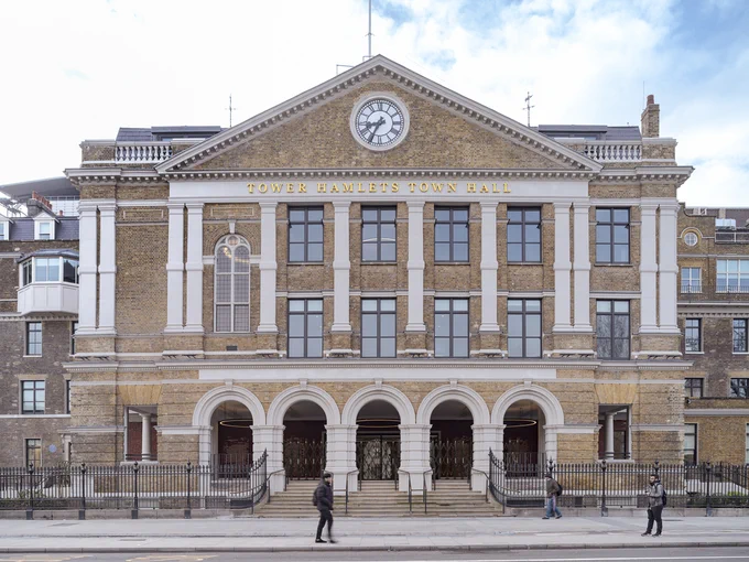 Frontage of Tower Hamlets Town Hall restored by AHMM - photo from AHMM