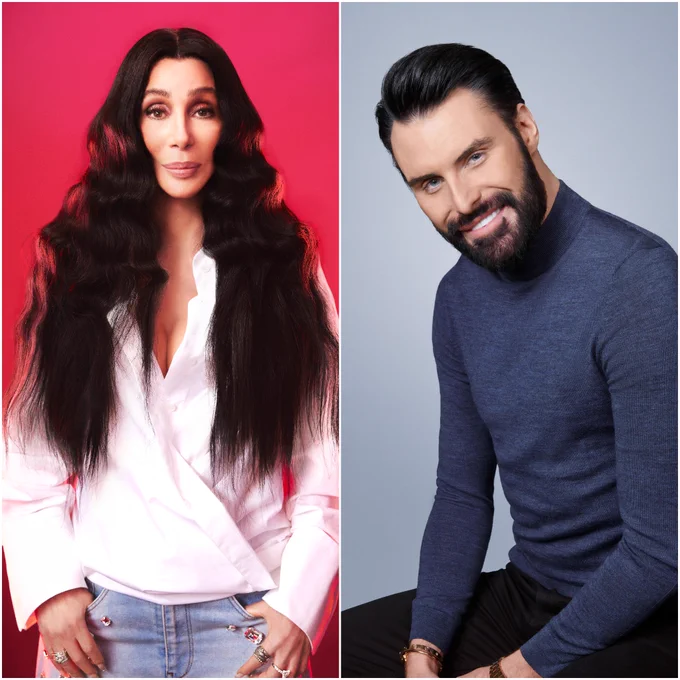 Left: Cher is pictured in a white shirt and jeans, standing against a red background. Right: Rylan wears a dark blue jumper and dark trousers and is pictured sitting against a grey background.