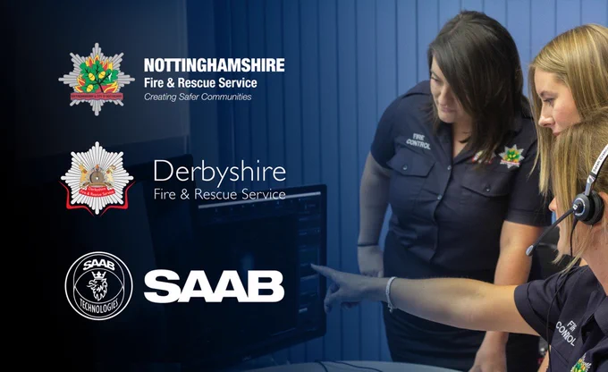 Joint control operators point at a screen with the NFRS, DFRS and Saab logos on the left.